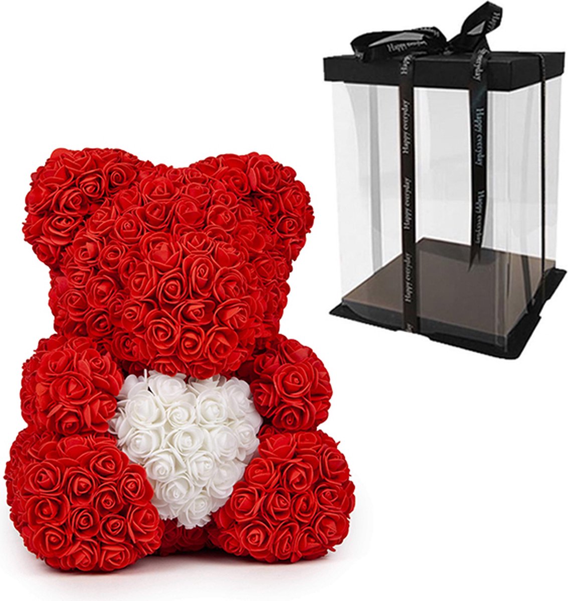 Rozenbeer Rood met Wit Hart 40 cm + Luxe Giftbox | Rozenbeer liefdes Teddybeer XXL voor jou geliefde met gift box! | Rose Bear Knuffelbeer | Groot I Love You knuffel beertje met hartje | Cadeau Rozen teddy